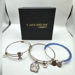 Alex and Ani Silver 3 Pack Blue Bead and Charm Bracelets